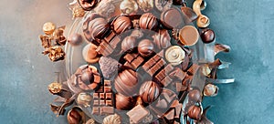 Ai Generated, Generative Ai, Top view various kind of chocolate cacao candies mixed flavor in luxury transparent glass plate,