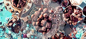 Ai Generated, Generative Ai, Top view various kind of chocolate cacao candies mixed flavor in luxury transparent glass plate,