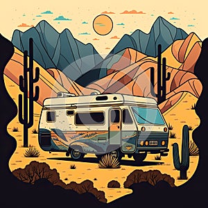 AI Generated. Generative AI. Vintage Retro camper rv home truck. Adventure trip journy motivational poster. Can be used for photo