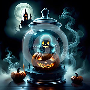 Ai generated ghost and pumpkin in a glass jar on scary Halloween-night