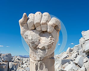 AI generated a giant hand with clenched fist carved in the rock in a quarry