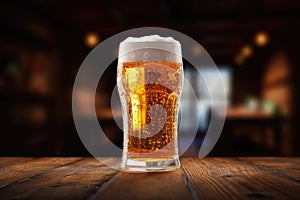 Ai generated glass of beer, template, mockup of an alcoholic beverage standing on a wooden table on the background of a beerhouse.