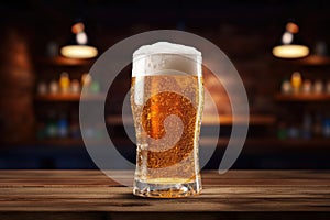 Ai generated glass of beer, template, mockup of an alcoholic beverage standing on a wooden table on the background of a beerhouse.