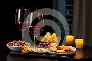Ai generated glass of red wine, an alcoholic beverage with cold appetizers, biscuits, croutons and cheese.