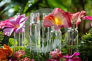 Relish the fresh, chic scent of bespoke designer perfume displayed on a floral cologne shelf photo