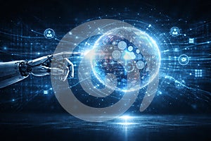 AI generated global artificial intelligence technology with robotic hand interacting with digital data sphere representing
