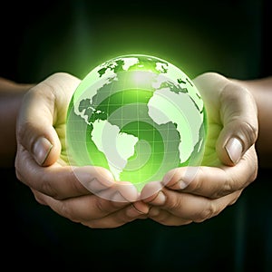 AI Generated: Glowing Green Globe of Earth Held in Two Hands