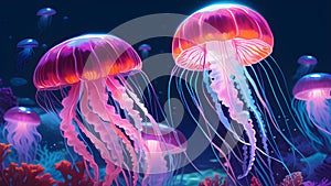beautiful animated glowing magenta jelly fishes in deep sea