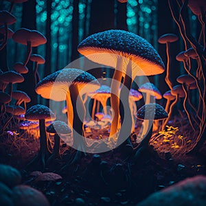 Ai generated glowing mushrooms in a dark forest