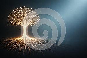 AI generated glowing white gold data tree with digital nodes and deep roots symbolizing data foundation innovation artificial