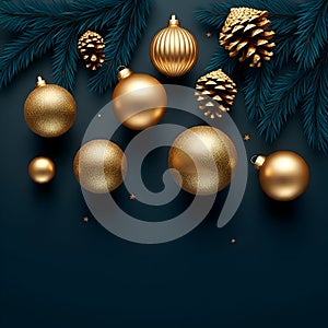 AI-Generated Gold Christmas Ornaments, Pinecones, and Evergreen Sprigs on Dark Blue photo