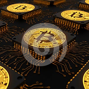 AI Generated Golden Bitcoin Symbols on Black Computer Chips photo