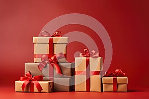 AI generated. Golden gift boxes with a bow on red background