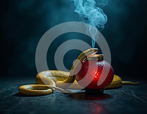 a golden snake and a red incense burner with mist on a dark background