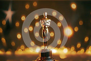 AI generated golden ÃÂ¾scar ÃÂ°cademy award statue replica at bokeh garland lights background