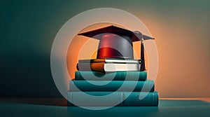 Graduation cap on stack of books on green background.