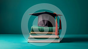 Graduation cap on stack of books on green background.
