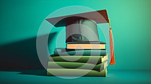 Graduation cap on stack of books on green background.