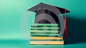 Graduation cap on stack of books on green background.