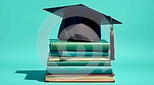 Graduation cap on stack of books on green background.