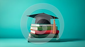Graduation cap on stack of books on green background.
