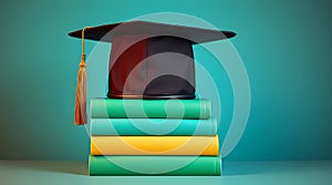 Graduation cap on stack of books on green background.