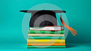 Graduation cap on stack of books on green background.
