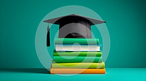 Graduation cap on stack of books on green background.