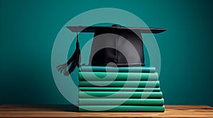 Graduation cap on stack of books on green background.