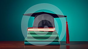 Graduation cap on stack of books on green background.