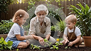 AI Generated Grandmother and Grandchildren Enjoying Gardening on a Sunny Day