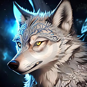 AI generated gray wolf with yellow eyes and patterned forehead