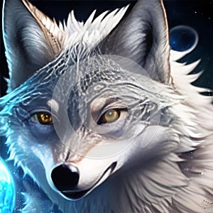 AI generated gray wolf with yellow eyes and patterned forehead