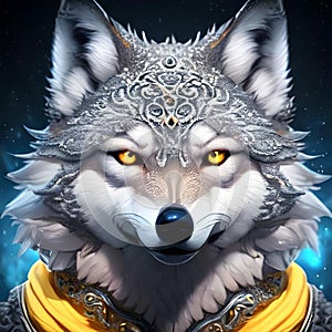 AI generated gray wolf with yellow eyes and patterned forehead