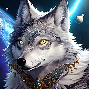 AI generated gray wolf with yellow eyes and patterned forehead