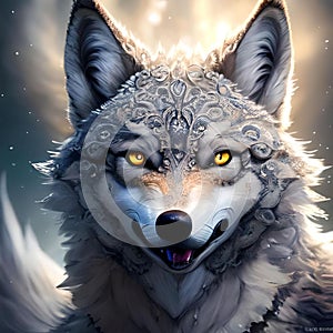 AI generated gray wolf with yellow eyes and patterned forehead