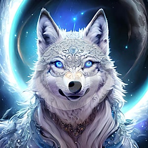 AI generated gray wolf with yellow eyes and patterned forehead