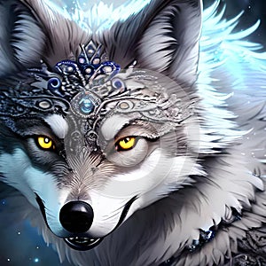 AI generated gray wolf with yellow eyes and patterned forehead