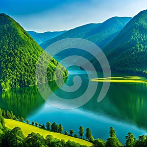 AI generated green landscape consisting of hills, trees, meadows and a river meandering through the valleys photo