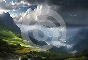 AI generated green meadows leading to mountains and surrounded by clouds and mists photo