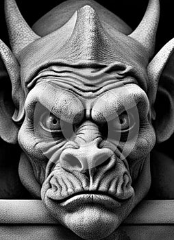 AI generated grotesque gargoyle ogre face hanging on a wall.
