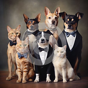 AI generated group of cats and dog in formal clothes