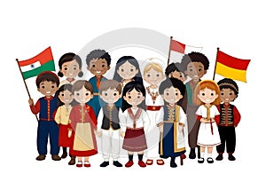 a group of children pose for a picture with national flags and dressed in traditional costumes photo