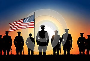 a group of soldiers are standing in front of an american flag with sunrise sky