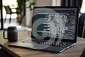 AI generated hacker laptop with binary computer code internet and network security