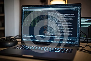 AI generated hacker laptop with binary computer code internet and network security