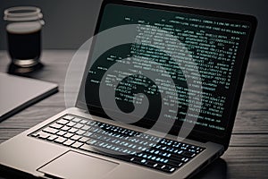 AI generated hacker laptop with binary computer code internet and network security