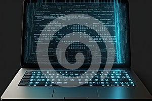 AI generated hacker laptop with binary computer code internet and network security