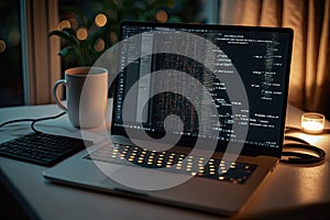 AI generated hacker laptop with binary computer code internet and network security