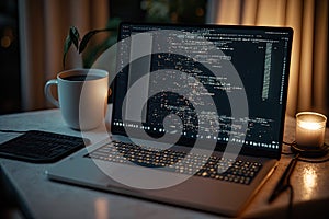 AI generated hacker laptop with binary computer code internet and network security